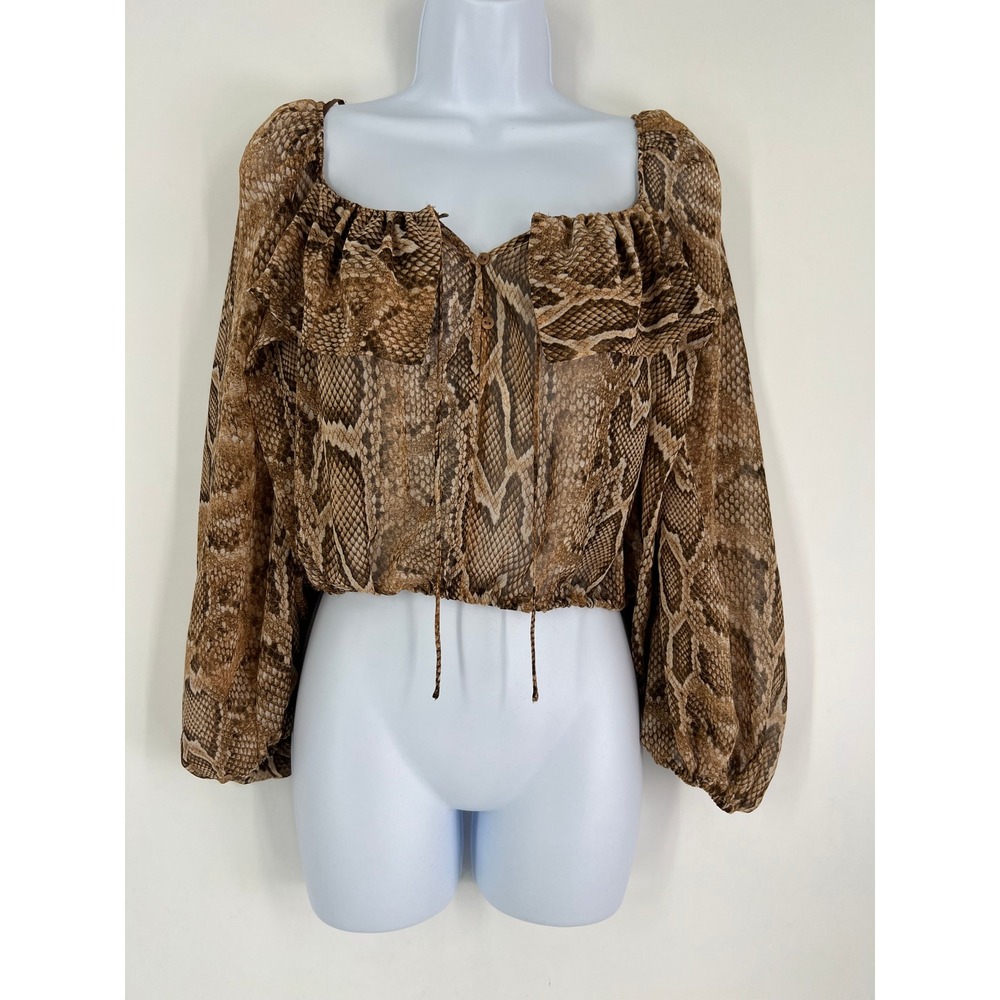 Zara Womens Brown Snakeskin Print Sheer Ruffle Crop Blouse Small Long Sleeve Top